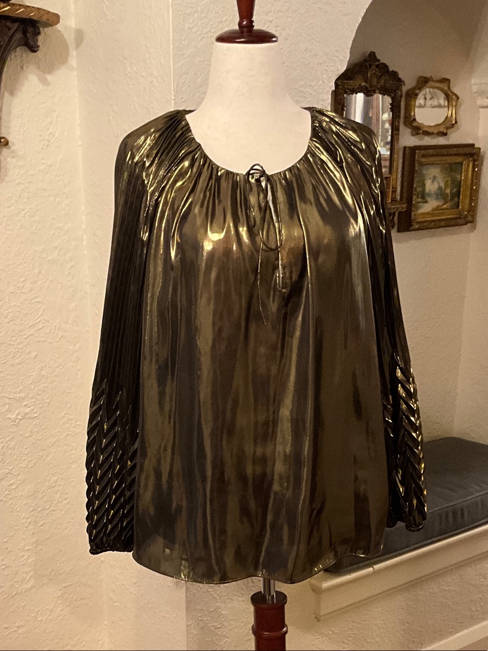 Johnny Was Metallic Gold Pleated-Sleeve Blouse
